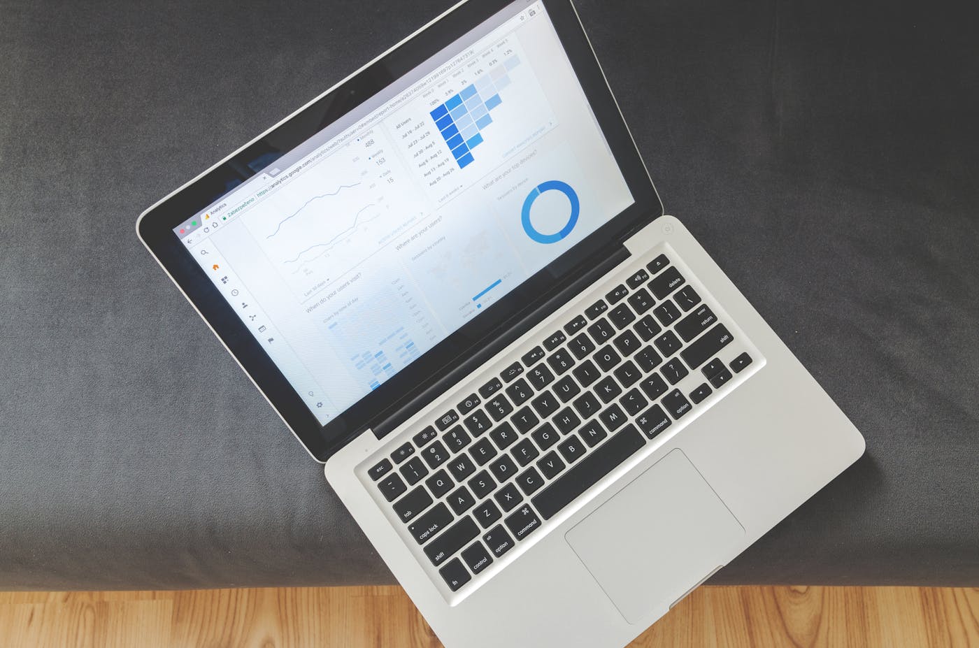 Laptop displaying data visualizations and analytics charts on screen.